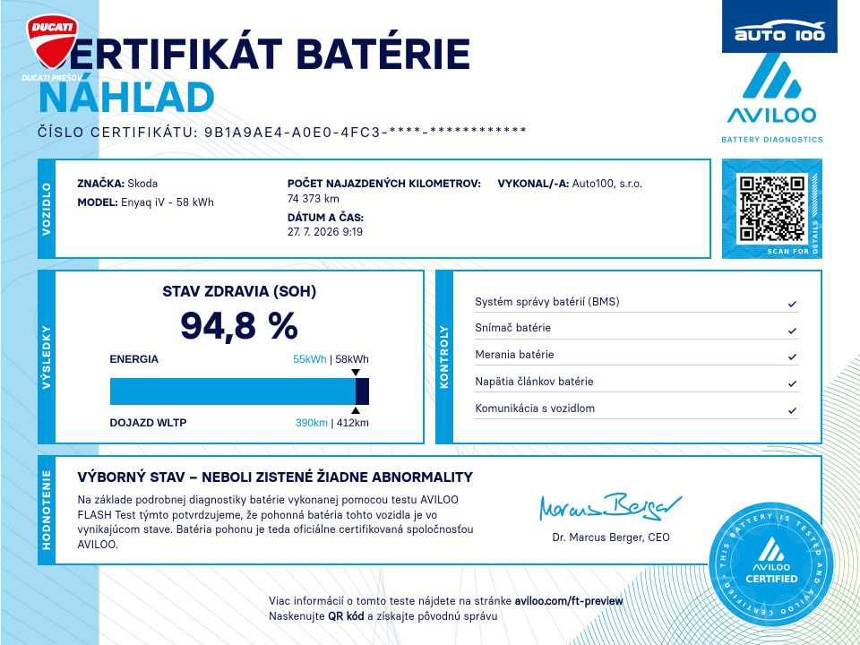 Škoda Enyaq iV electric 132kW, SoH 94.8 %